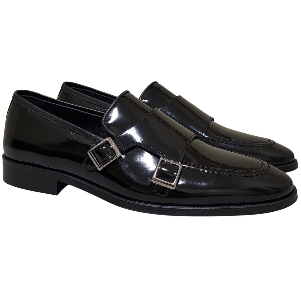 Vella Pais Men Hardin Double Monk Strap Loafers Size US 7 EU 40 Black Patent